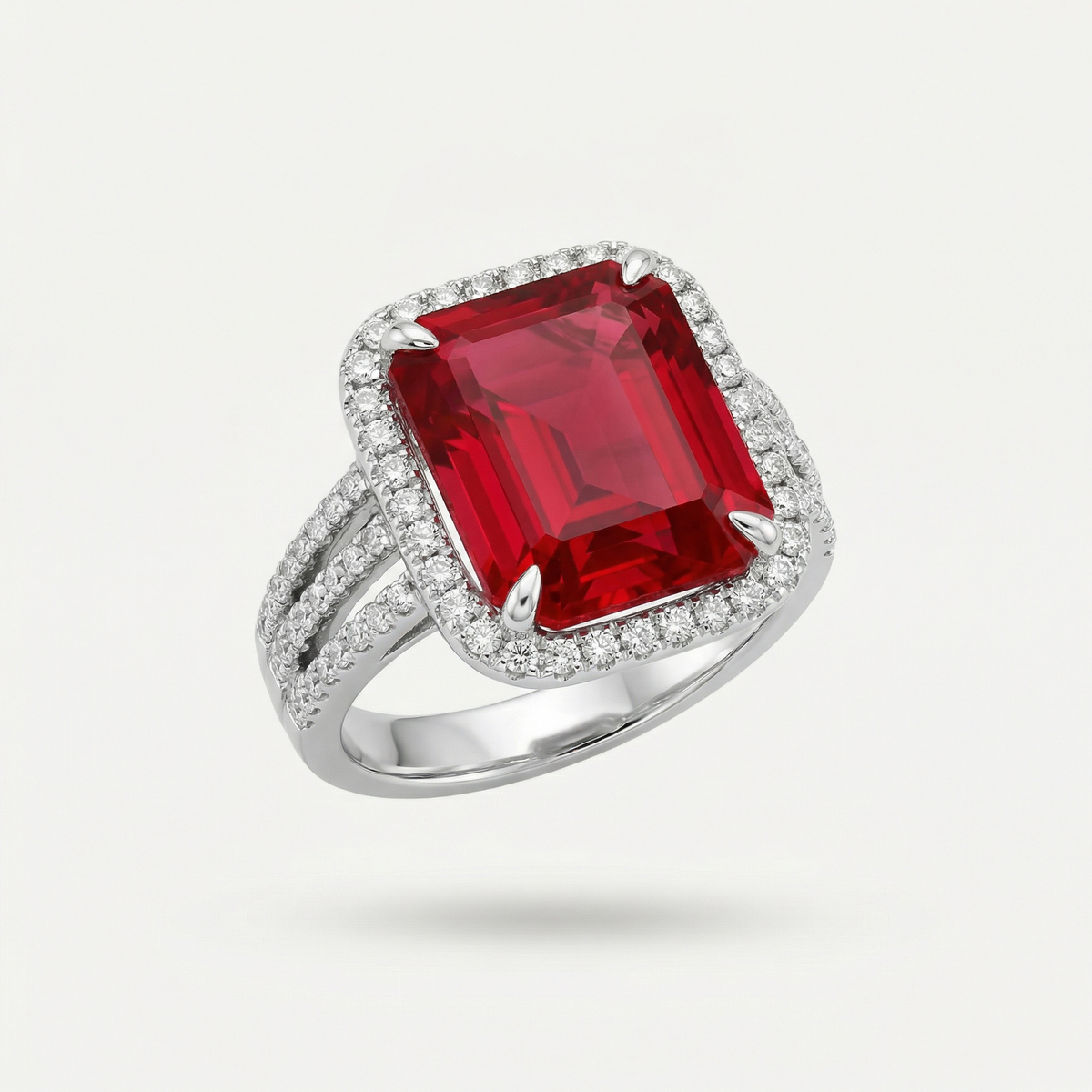 Triple Shank Radiant Ring with Red Radiant Stone – on White Gold — Front three-quarter step-cut-compatible angle