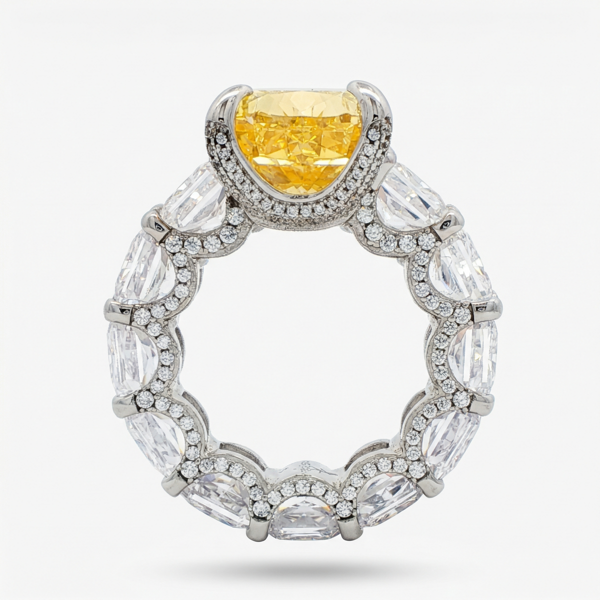 Queens Eternity Ring with Yellow Pear Stone – on White Gold — Underside and full eternity-shank view