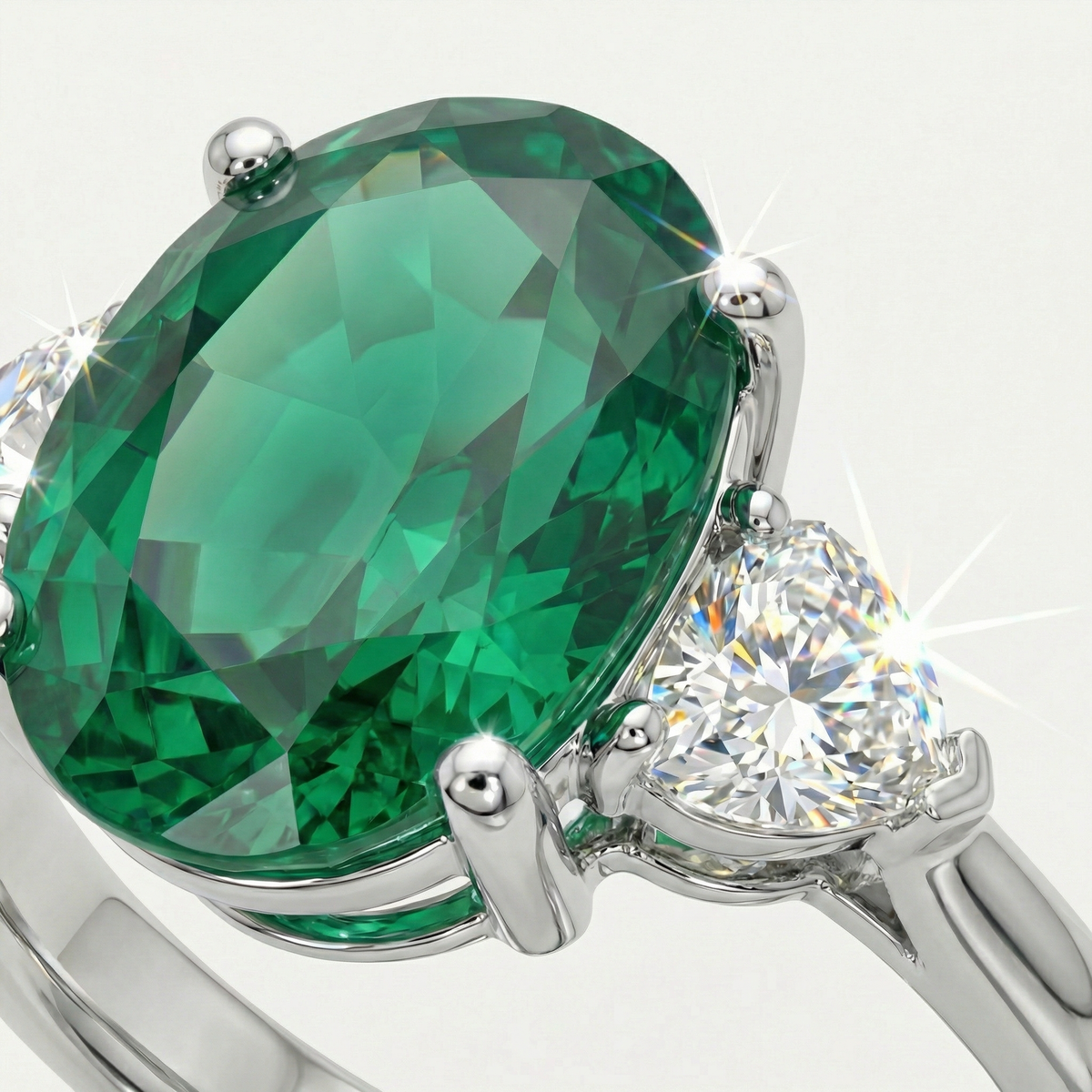 Oval Trilogy Pear Ring with Green Oval Stone – on White Gold — Different macro angle showing centre and side pear stones