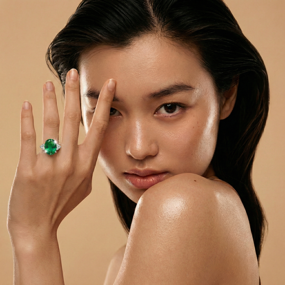 Oval Trilogy Pear Ring with Green Oval Stone – on White Gold — Additional model view