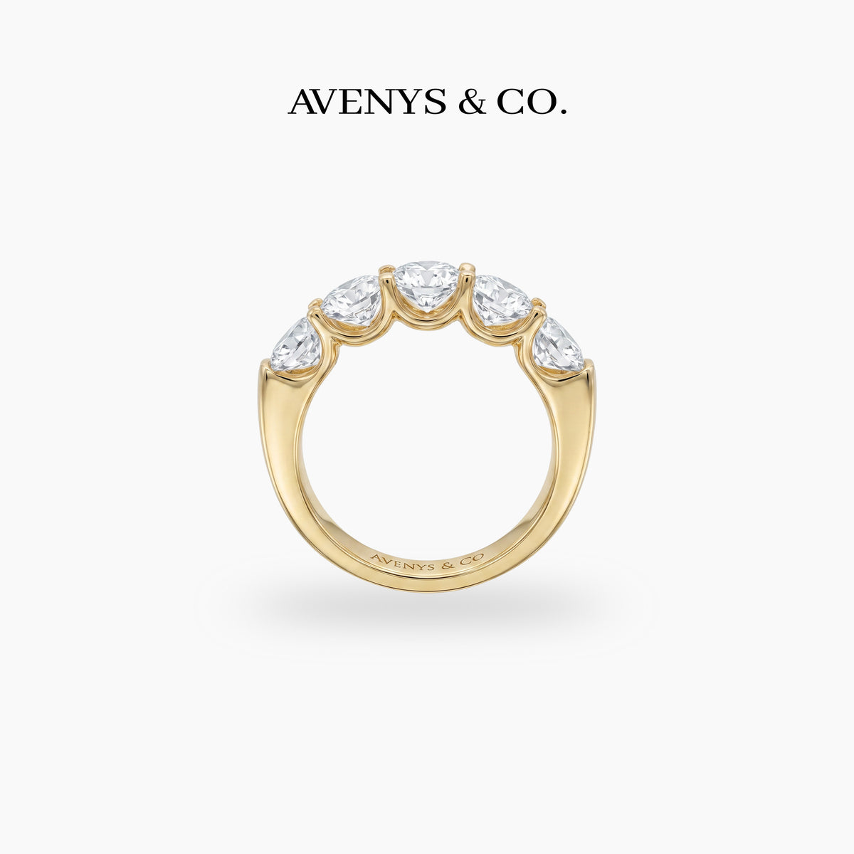 Five Stone Ring with White Round Stone – on Yellow Gold — Straight rear profile showing all five cup settings