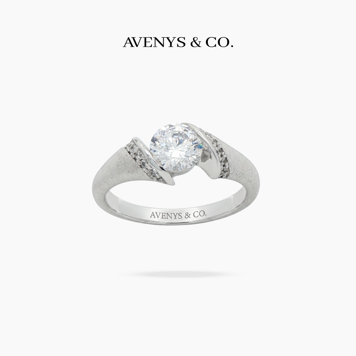 Floating Round Diamond Ring with White Round Stone – on White Gold — WEB view 3