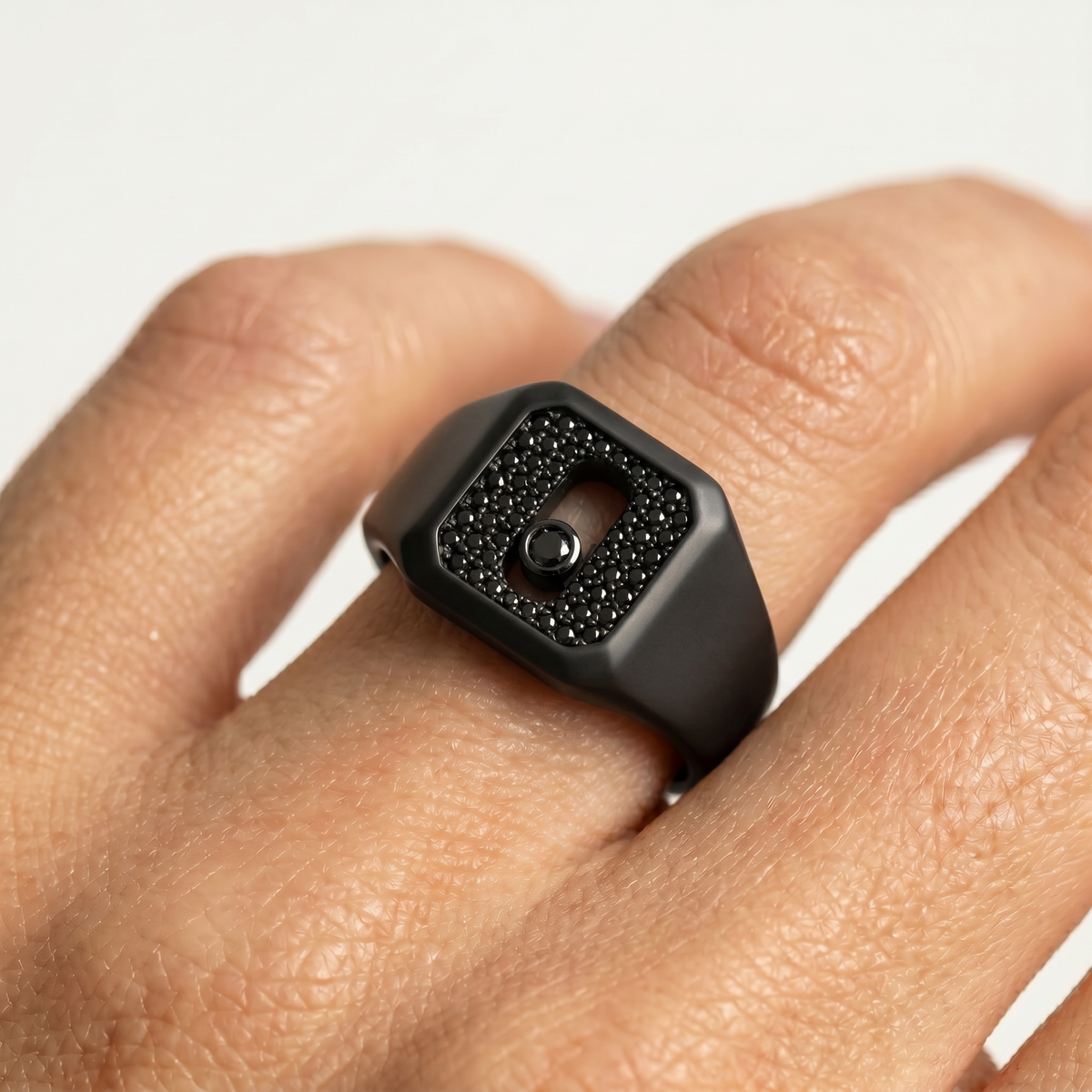 AV Glide™ Pave Signet Ring - on Black Gold — black stones, on hand, woman
