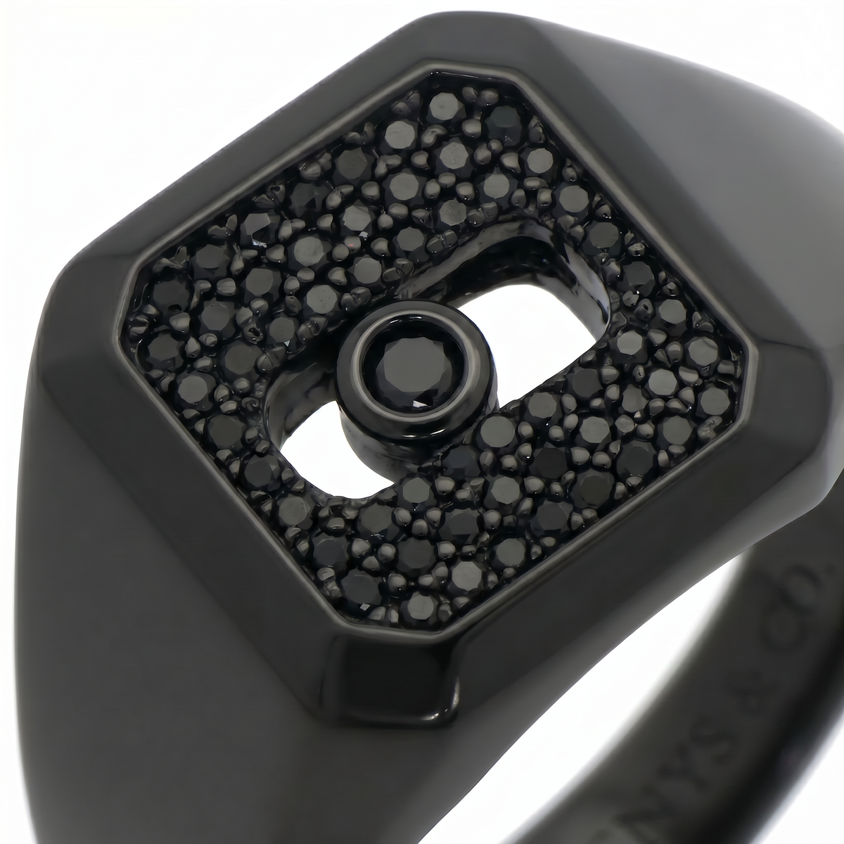 AV Glide™ Pave Signet Ring - on Black Gold — black stones, detail view