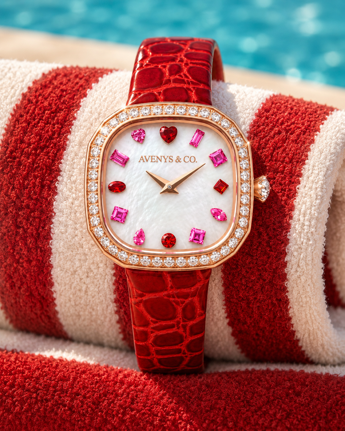 Capri Scarlet Horizon watch on a red and ivory poolside towel