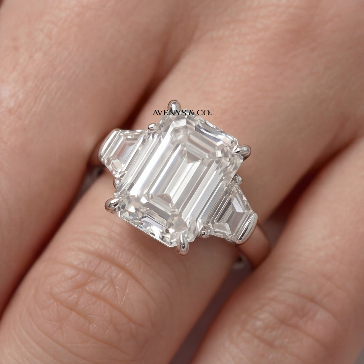 Trilogy Ring with White Emerald Stone – on White Gold — additional WEB view