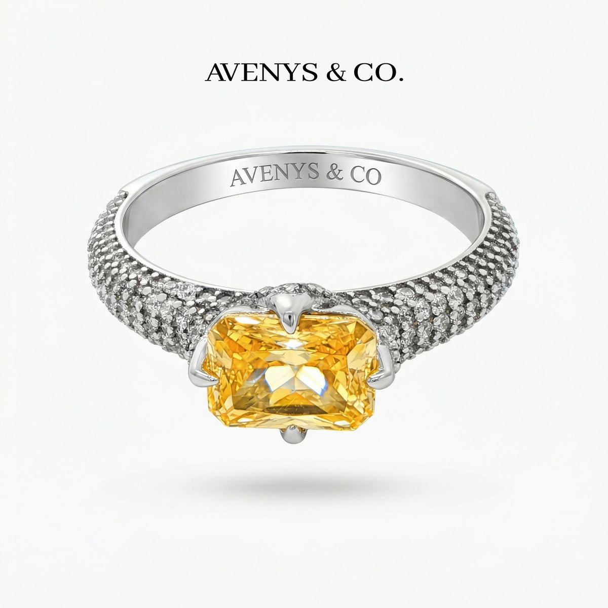 Radiant Horizon Pave Ring with Yellow Radiant Stone – on White Gold — additional WEB view