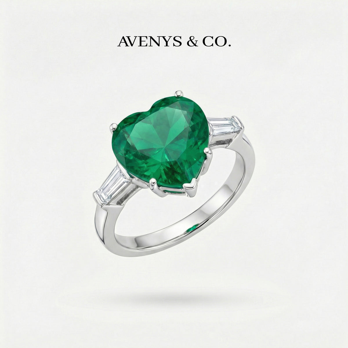 Love Heart Trilogy with Green Heart Stone – on White Gold — additional WEB view