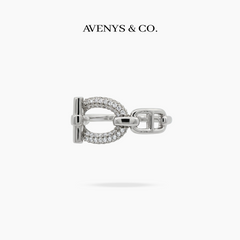 Buckle Pave Ring with White Round Stone – on White Gold — front view