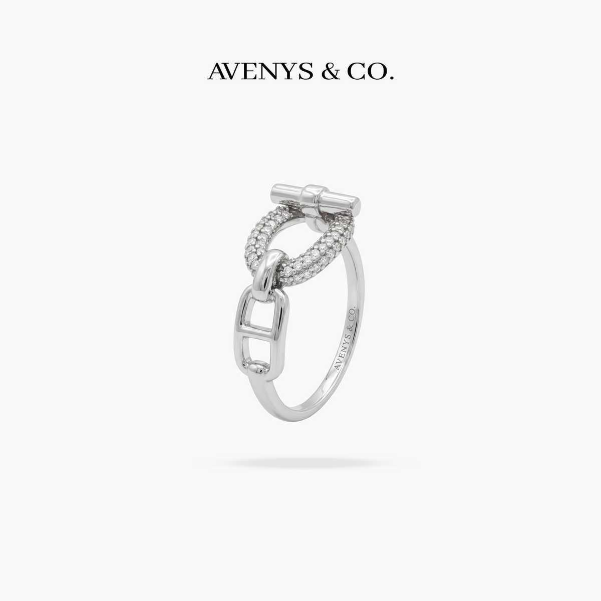 Buckle Pave Ring with White Round Stone – on White Gold — side view