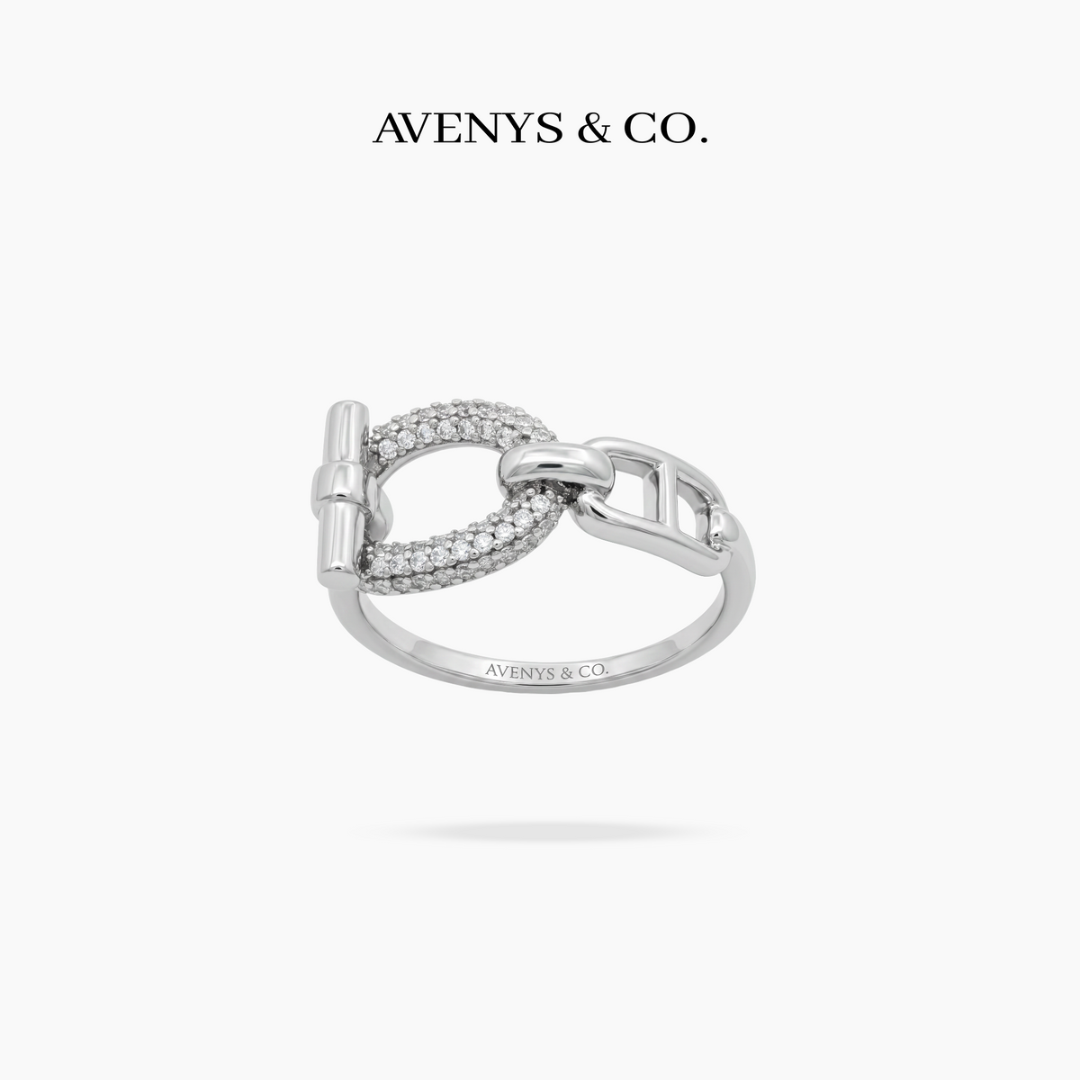 Buckle Pave Ring with White Round Stone – on White Gold — angled view