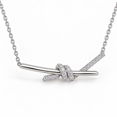 Knot Bar Necklace with White Round Stone - on White Gold