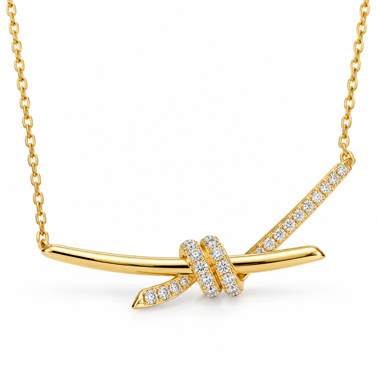 Knot Bar Necklace with White Round Stone - on Yellow Gold