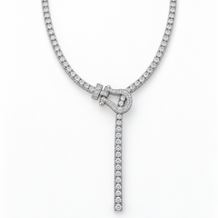 Horseshoe Tennis Lariat Necklace with white round stones on white gold, cleaned product reference