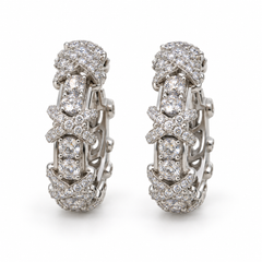 Wide Cross Link Hoop Earrings with white round stones on white gold, cleaned product reference
