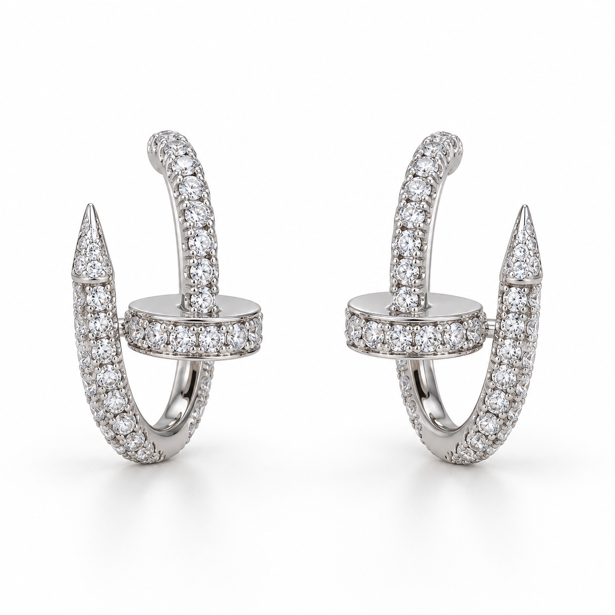 Crossed Nail Pave Hoop Earrings with white round stones on white gold, cleaned product reference