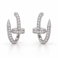 Crossed Nail Pave Hoop Earrings with white round stones on white gold, cleaned product reference