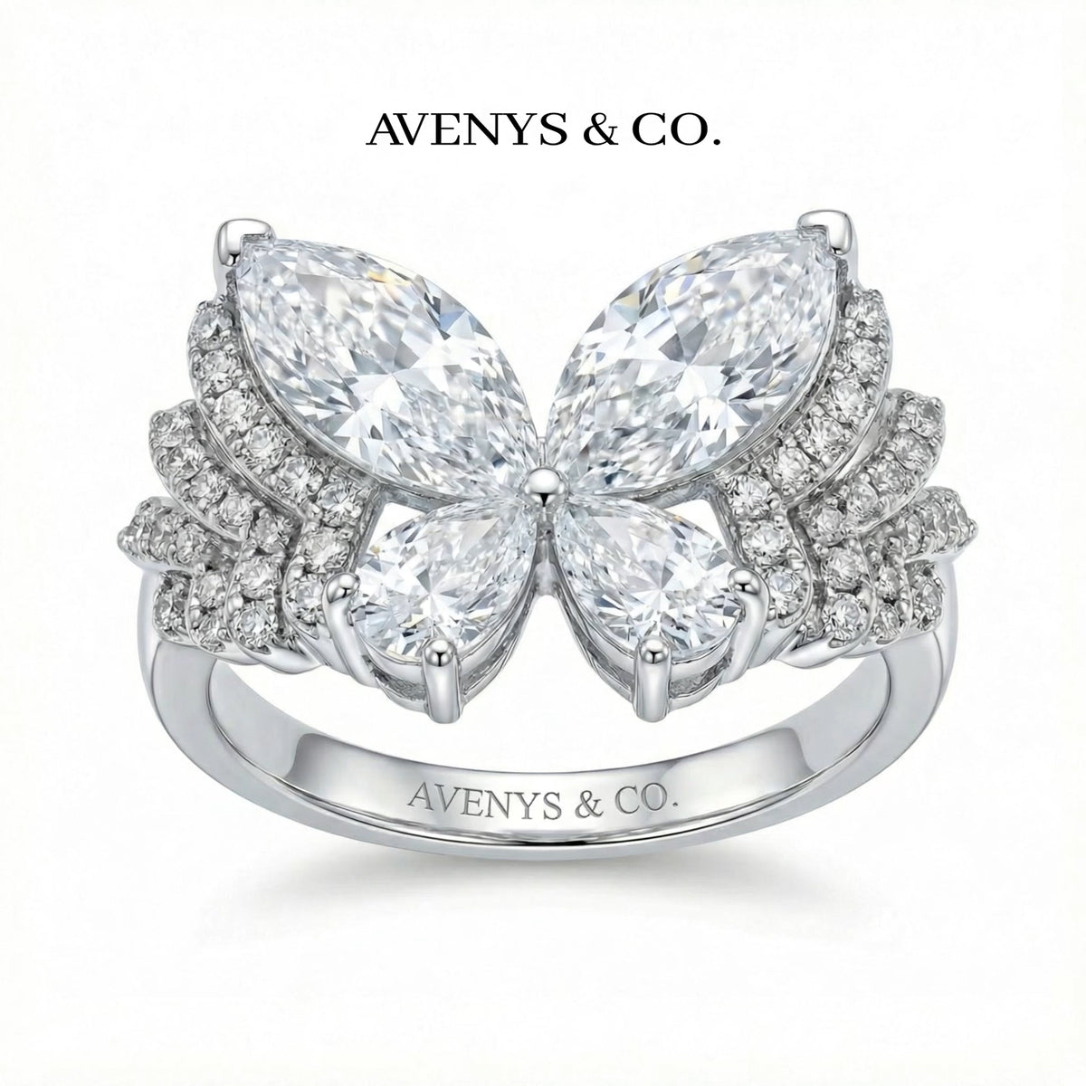 Butterfly Pave Ring with White Marquise Stone – on White Gold