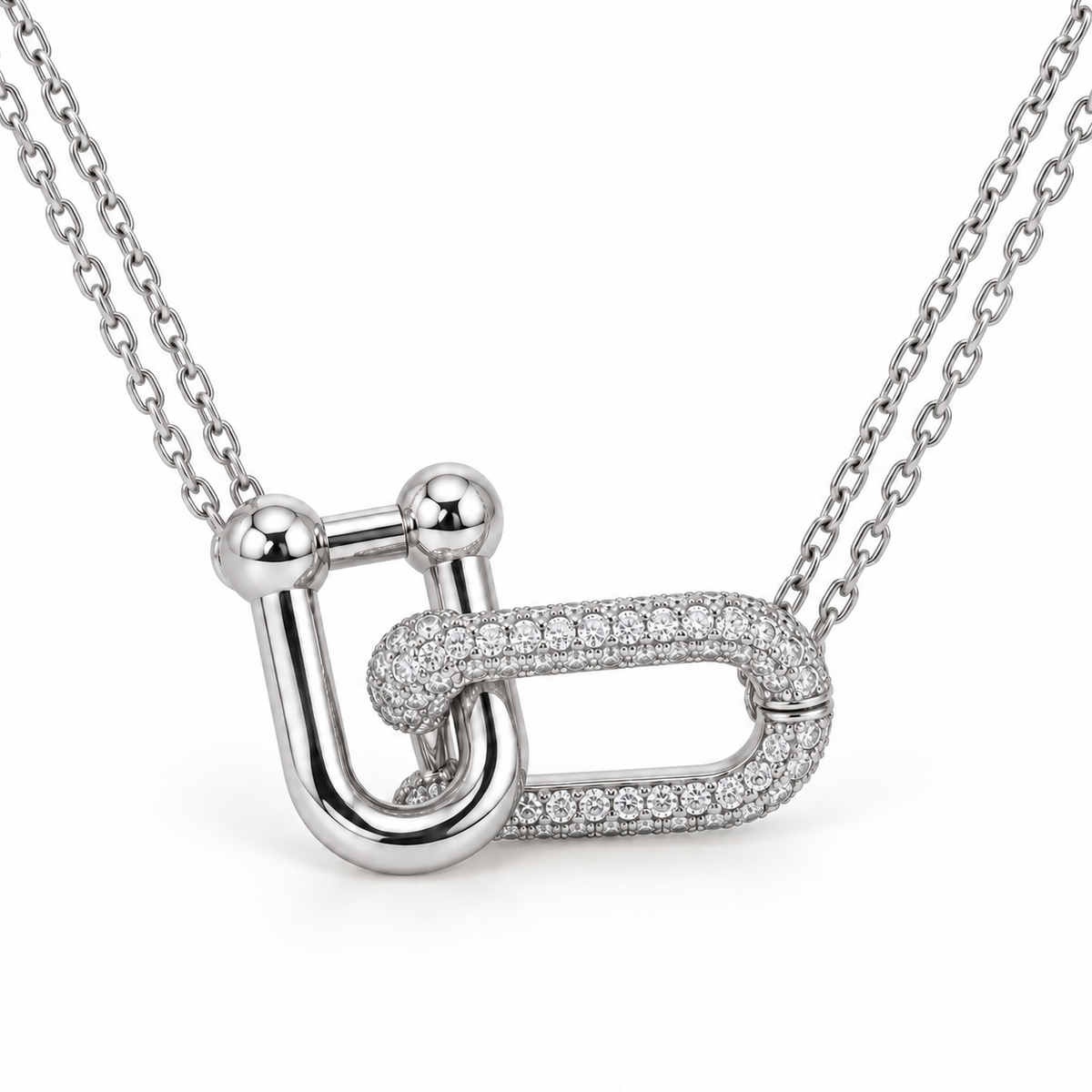 Linked U Necklace with White Round Stone - on White Gold