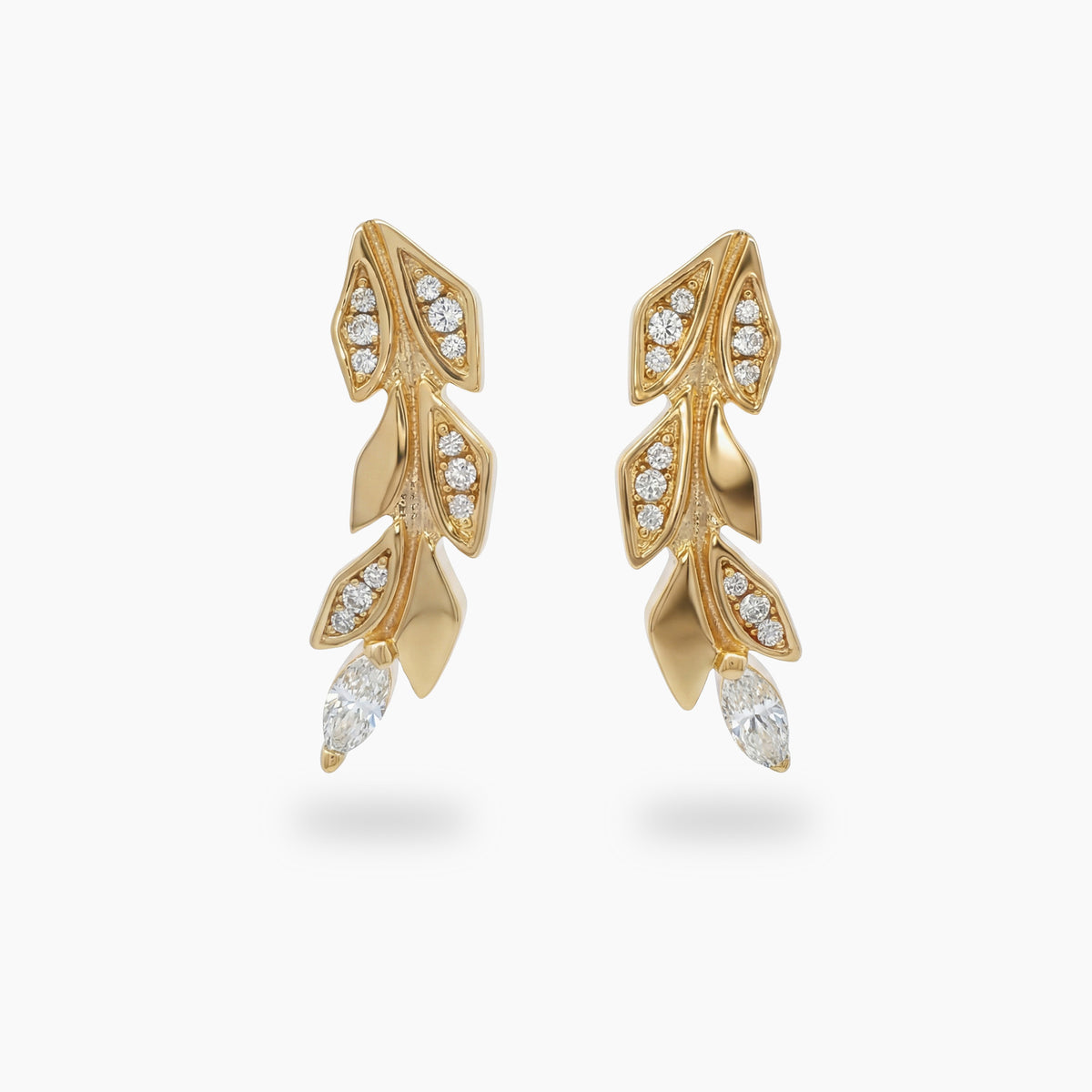 Leaf Earrings with White Round Stone – on Yellow Gold