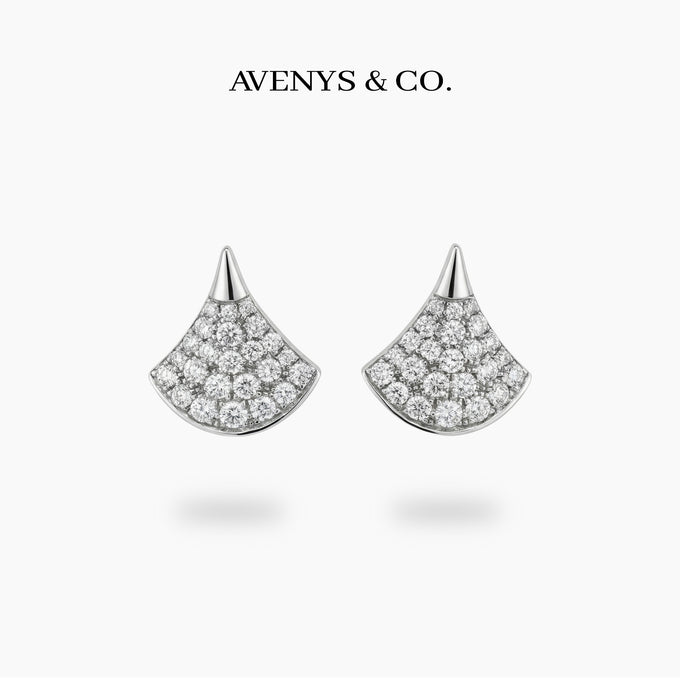 Fan Pave Earrings with White Round Stone – on White Gold