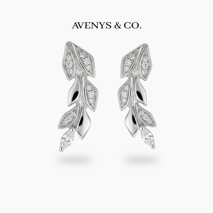 Leaf Earrings with White Round Stone – on White Gold