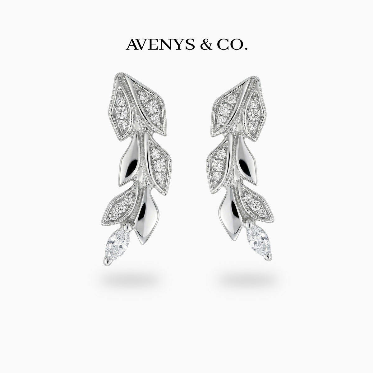 Leaf Earrings with White Round Stone – on White Gold