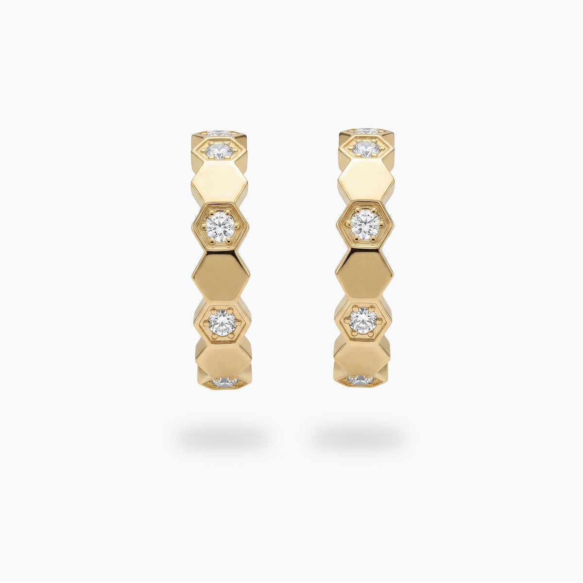Honeycomb Earrings with White Round Stone – on Yellow Gold