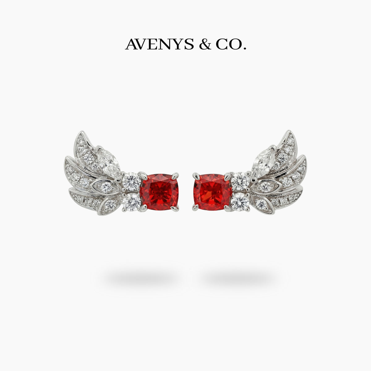 Red Wings Earrings with Red Cushion Stone – on White Gold