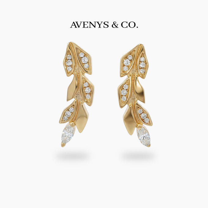 Leaf Earrings with White Round Stone – on Yellow Gold