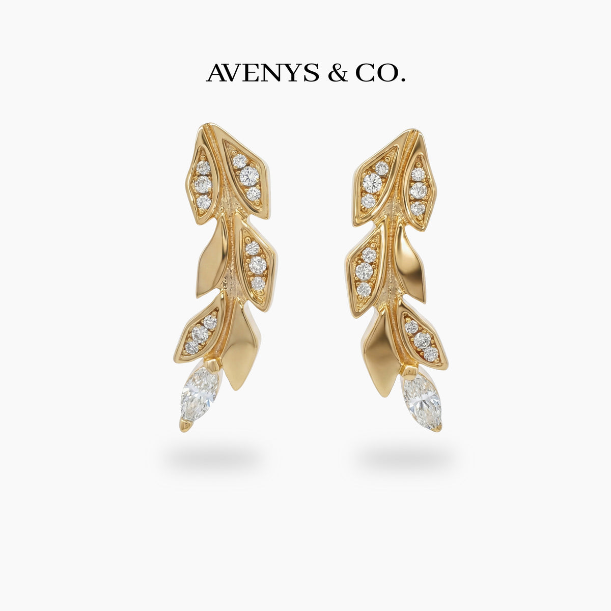 Leaf Earrings with White Round Stone – on Yellow Gold