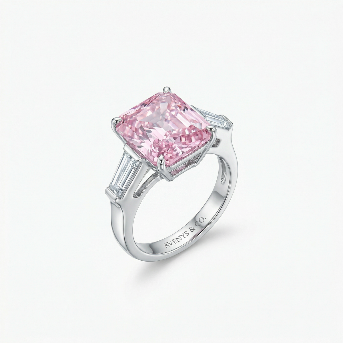 Radiant Trilogy Ring with Pink Radiant Stone – on White Gold