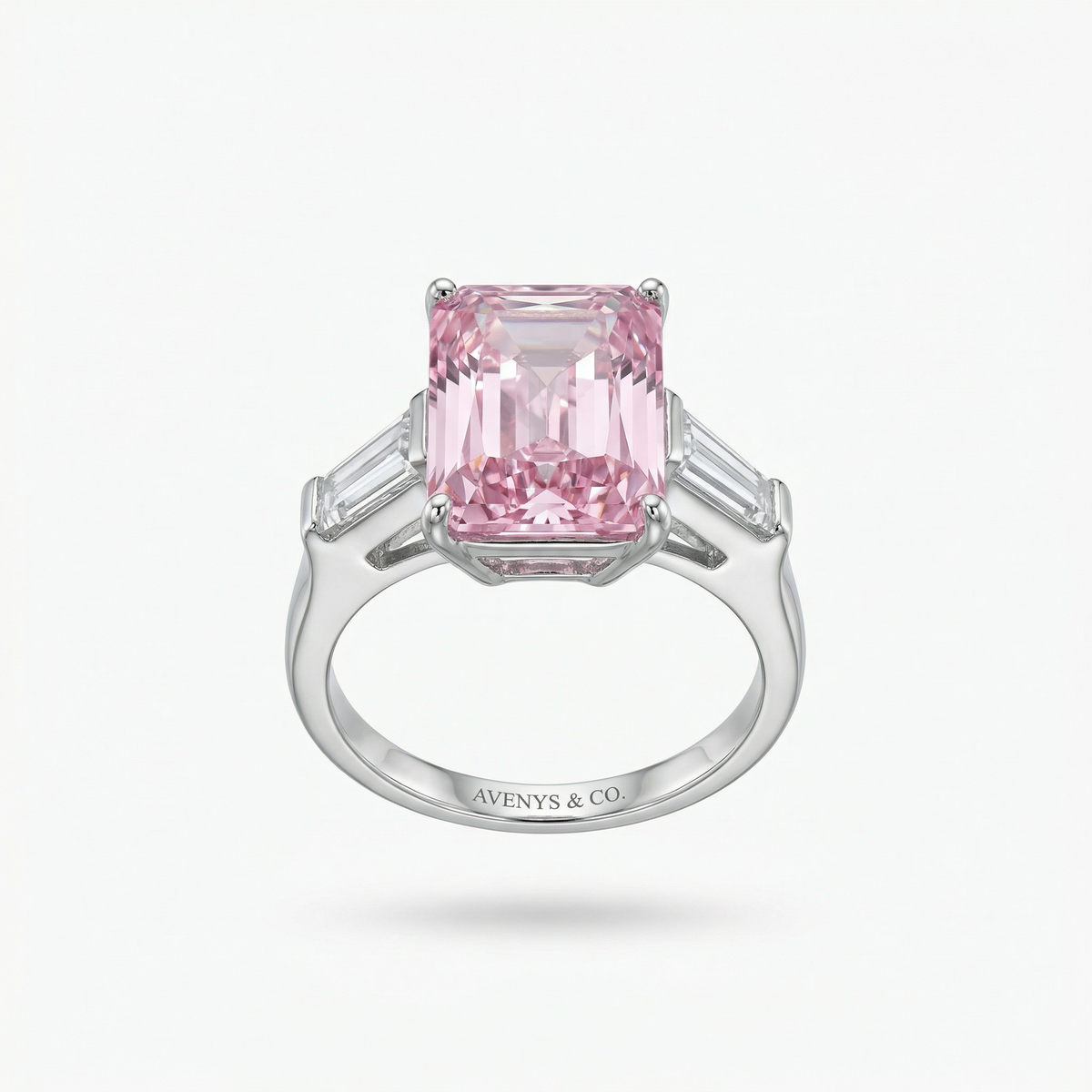Radiant Trilogy Ring with Pink Radiant Stone – on White Gold
