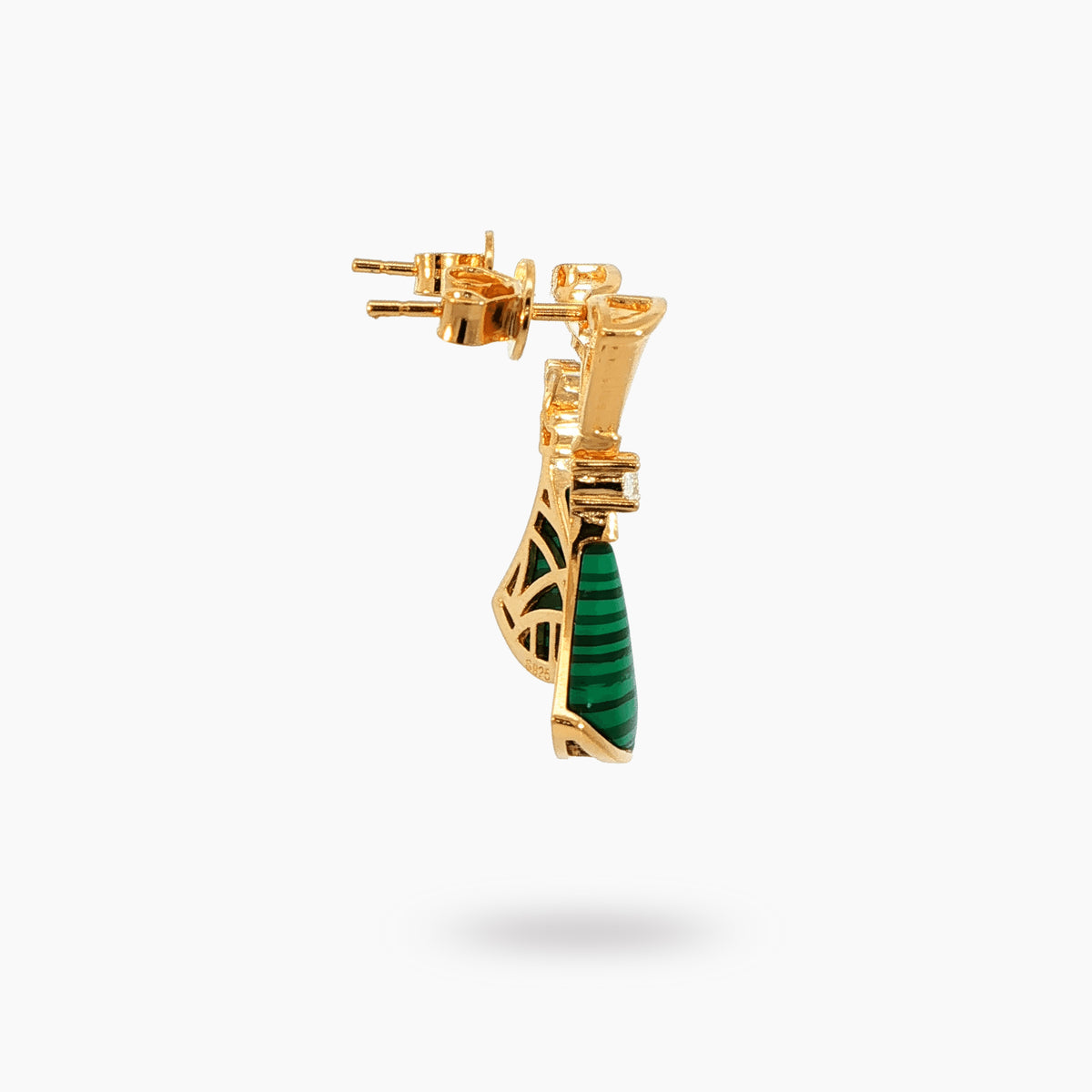 Fan Malachite Earrings with White Round Stone – on Yellow Gold