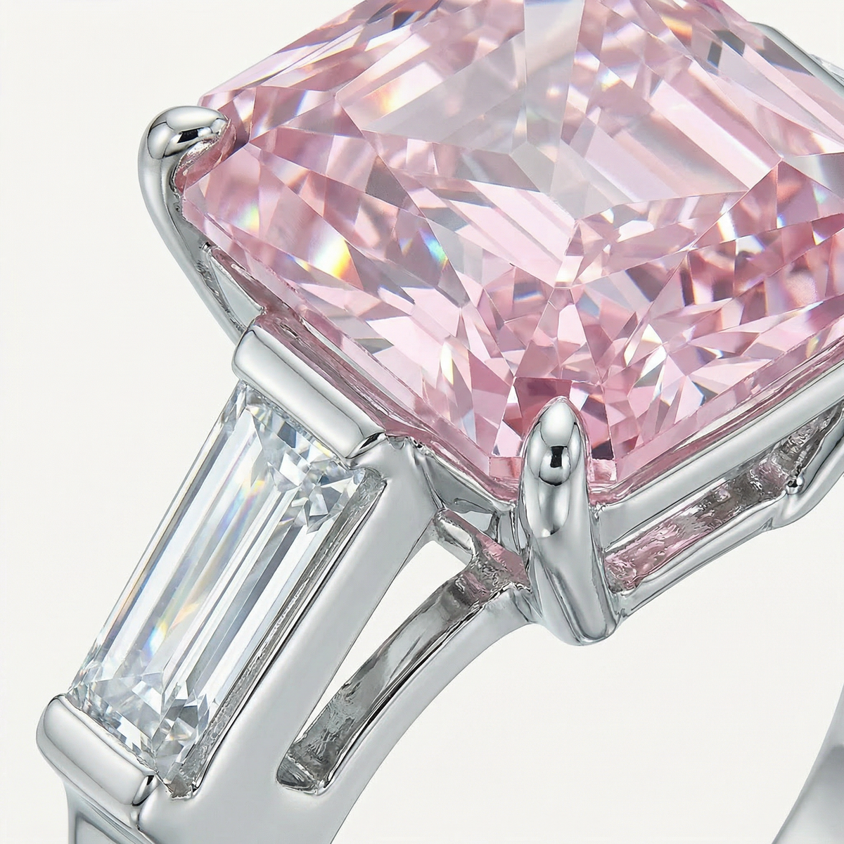 Radiant Trilogy Ring with Pink Radiant Stone – on White Gold