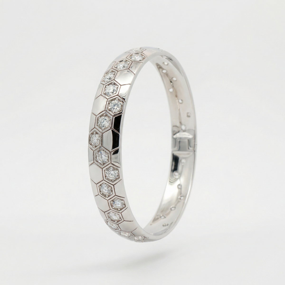 Honeycomb Wide Bangle with White Round Stone – on White Gold