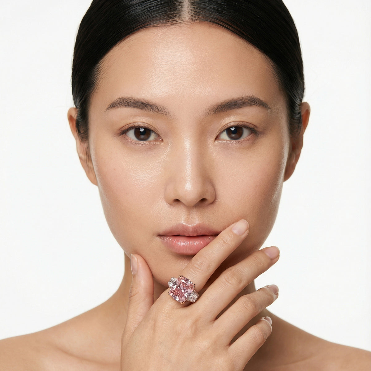 Trilogy Halo Ring with Pink Cushion Stone – on White Gold
